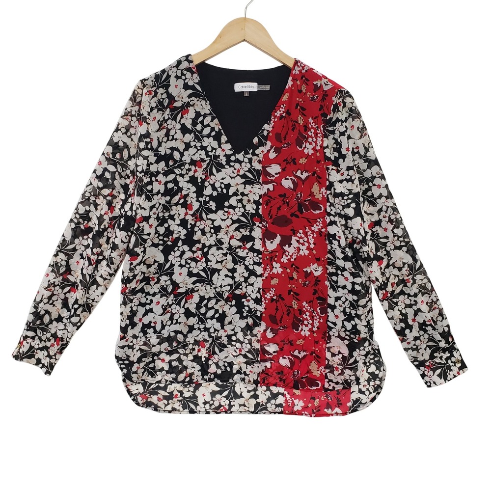 Calvin Klein Womens V‎ Neck Long Sleeve Floral Print Blouse Top Office Chic
